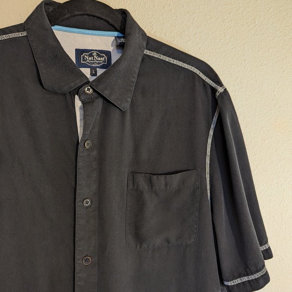 Nat Nast 100% Silk Short Sleeve Button Up Shirt Black Mens Size L - Picture 7 of 14